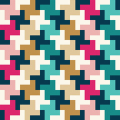 A colorful geometric pattern featuring various shapes and colors, suitable for backgrounds or textile designs.