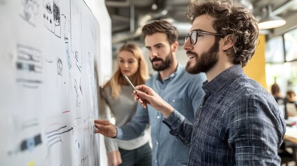 Three colleagues brainstorming on whiteboard in modern office.