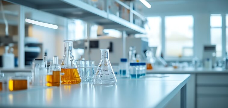 Laboratory glassware, beakers, flasks, and test tubes on a white table in a modern lab
