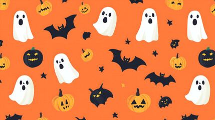 Pastel peach-colored simple cartoon Halloween background pattern with ghosts pumpkins bats on an orange background