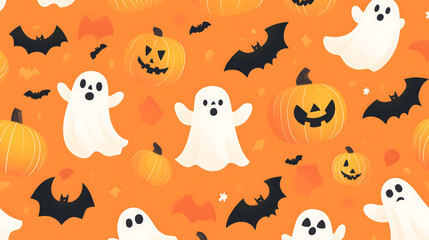Fototapeta premium Pastel peach-colored simple cartoon Halloween background pattern with ghosts pumpkins bats on an orange background