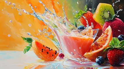 Oil painting depicting a splash of fruity milk showcasing vibrant imagery of a fruit beverage in action