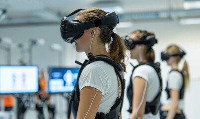 Fototapeta premium People wearing VR headsets and motion capture suits in a modern virtual reality experience center.