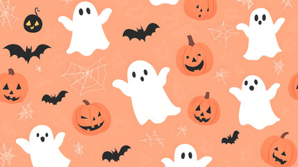 Fototapeta premium Pastel peach-colored simple cartoon Halloween background pattern with ghosts pumpkins bats on an orange background