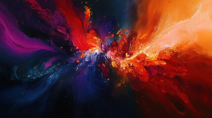 Abstract image of vibrant reds and oranges exploding into deep purples and blues, against a dark setting