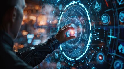 Fototapeta premium Person interacting with futuristic digital interface, representing innovative technology and virtual reality advancements.