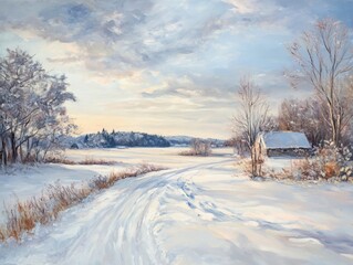 Obraz premium Oil painting depicting a winter stroll on a bright chilly day featuring serene landscapes and a tranquil atmosphere