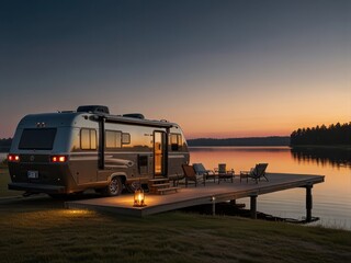 Cozy RV parked by a serene lake at sunset, peaceful evening escape