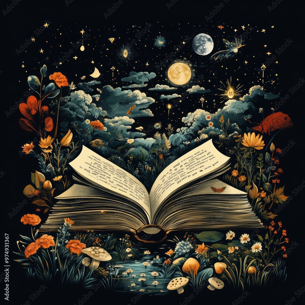 Wall mural A mystical book surrounded by nature and celestial elements.