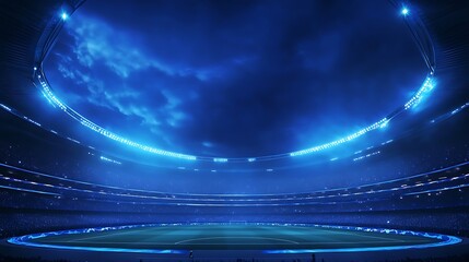 Futuristic arena with blue neon lights and glowing globe ceiling, abstract concept for game, esports, or technology event