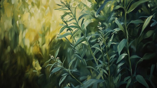 Close up oil painting of Desmostachya bipinnata plant in a garden featuring selective focus on the subject