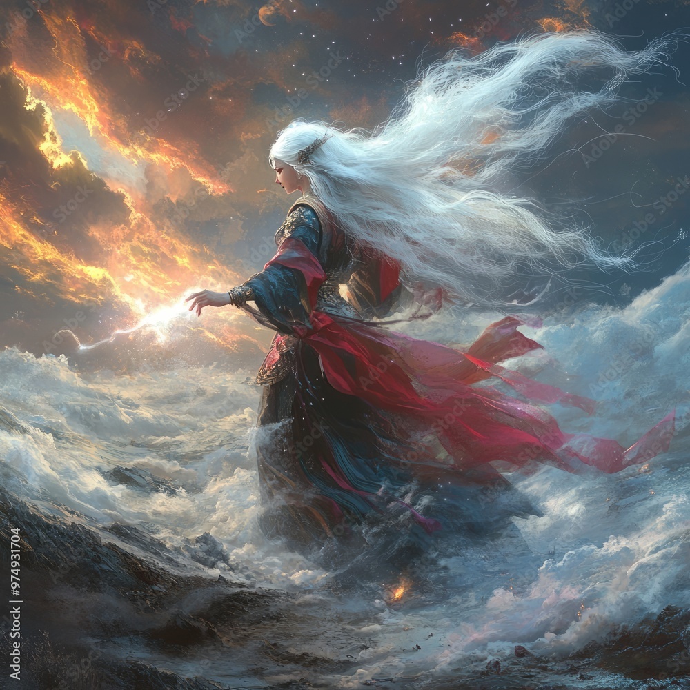 Wall mural A mystical figure conjuring magic amidst a stormy backdrop.