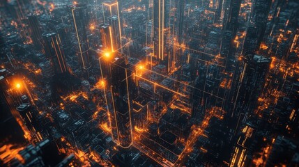 Obraz premium Aerial view of futuristic city with glowing data lines connecting towers and streets, symbolizing AI, automation, and digital transformation