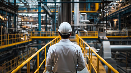 Fototapeta premium An industrial engineer wearing a white helmet and shirt, standing in the middle with his back to the camera, in a large steel factory