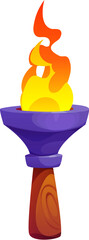 Cartoon torch with burning fire. Isolated vector medieval, fairy tale or pirate game asset, gui element. Ancient portable flaming torchlight, lighting flambeau lantern on wooden pole handle with blaze