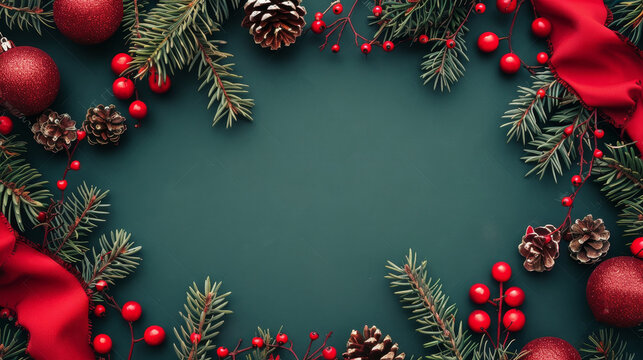 A beautiful Christmas background with evergreen branches, red berries, and soft bokeh lights creating magic
