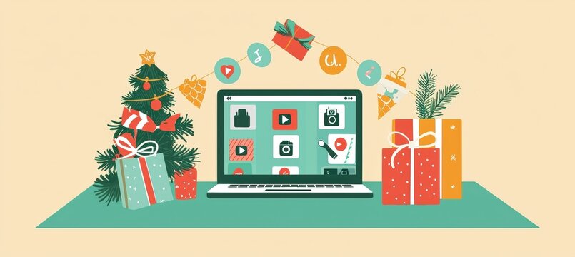 Festive Virtual Christmas Party Event Cover with Holiday Decorations and Video Call Icons for Invitations