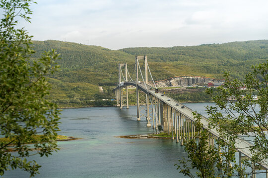 Panoramic photo of the scenic suspension bridge near Narvik. 