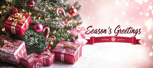 Festive Christmas Email Header with Decorated Tree, Gifts, and Elegant "Season's Greetings" Banner