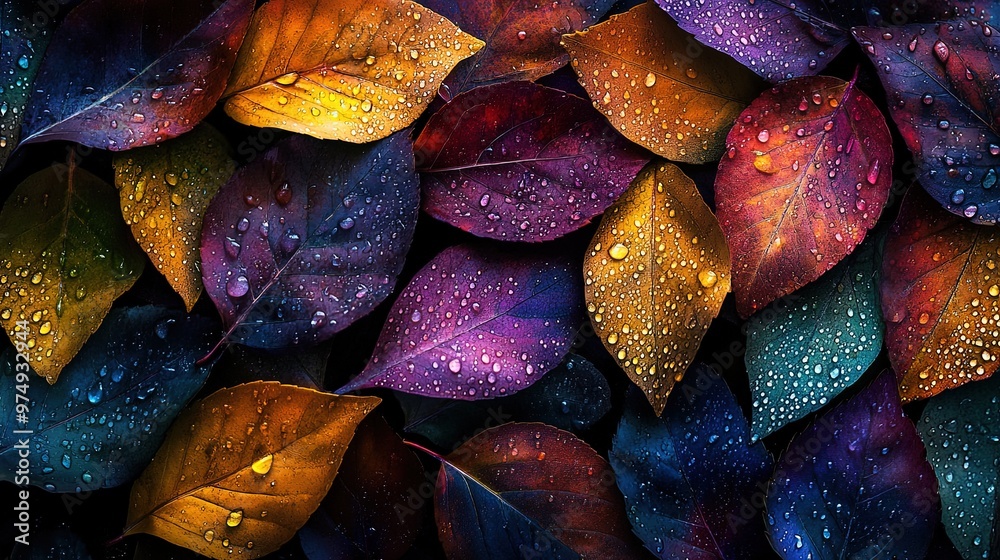 Canvas Prints Vibrant autumn leaves with raindrops showcasing rich colors and texture.