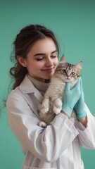 Veterinarian in lab coat and rubber gloves holding cat, isolated on solid color background, concept of pet care, animal health, professional veterinary service.