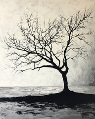 Monochromatic oil painting featuring a leafless tree silhouette