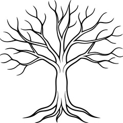 A tree with bare, twisting branches, featuring minimalist roots