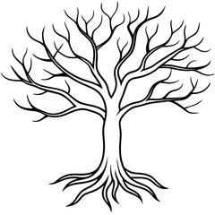 A tree with bare, twisting branches, featuring minimalist roots