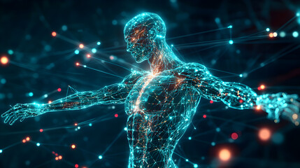 Futuristic cybernetic anatomy, human body merged with mechanical parts