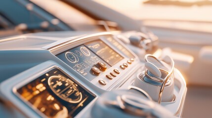 luxurious yacht dashboard with digital speedometer and modern controls. futuristic marine technology interface background