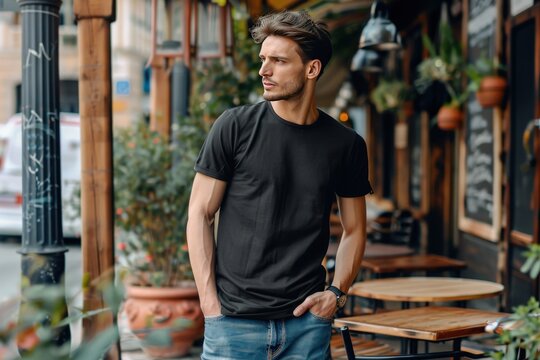 A man in a black shirt is smiling and standing on a wooden deck, generative ai image