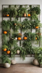 Obraz premium A vertical garden wall with a variety of lush green plants and vibrant orange pumpkins arranged on metal grid shelves.