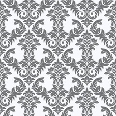 Ornate gray floral pattern on a light background, suitable for wallpaper or fabric design.