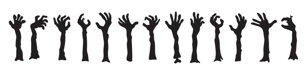 Zombie hands silhouettes. Halloween decor. Set doodle zombie hand