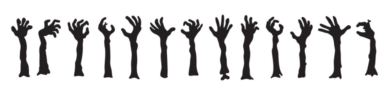 Zombie hands silhouettes. Halloween decor. Set doodle zombie hand