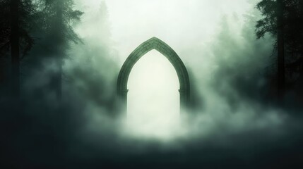 A mystical archway emerges from fog, surrounded by dense trees, creating an enchanting atmosphere of mystery and intrigue.