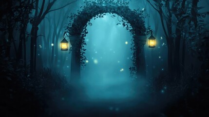 A mystical archway surrounded by fog and illuminated by glowing lanterns, inviting exploration into an enchanting forest.