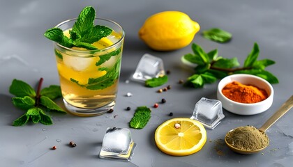 Chilled lemon beverage garnished with fresh mint and ice, accompanied by a bowl of spice blend on a sleek grey background