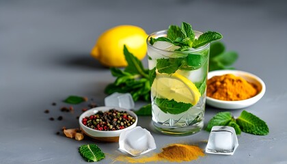 Chilled lemon beverage garnished with fresh mint and ice, accompanied by a bowl of spice blend on a sleek grey background