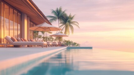 Fototapeta premium Luxurious infinity pool overlooking a serene tropical landscape at sunset. Elegant resort with palm trees.