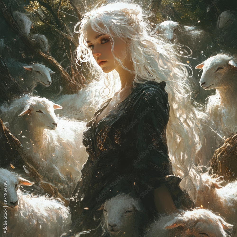 Sticker A mystical woman surrounded by white sheep in a forest.