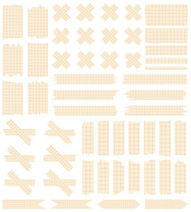 Set of paper sheets isolated on white. Pieces of decorative tape for scrapbooks. Washi tapes collection in vector. Ripped paper. Torn pieces of paper from a notebook in a cell. Orange ribbons