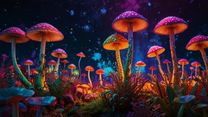 Fototapeta premium Psychedelic background with fluorescent paints and magic mushrooms, perfect for psy-trance
