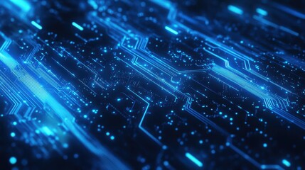Obraz premium A futuristic blue-toned background with flowing neon lines and glowing circuit boards. Abstract shapes representing data flows. High-tech, modern feel.