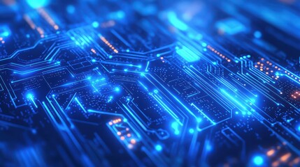 Obraz premium A futuristic blue-toned background with flowing neon lines and glowing circuit boards. Abstract shapes representing data flows. High-tech, modern feel.
