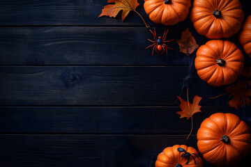 Flat lay of pumpkins and black cats on an isolated dark wooden background
