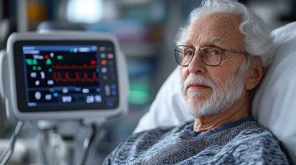 Obraz premium A physician using a digital health monitoring device to check a patient's blood pressure and heart rate, while the patient sits calmly on a hospital bed.