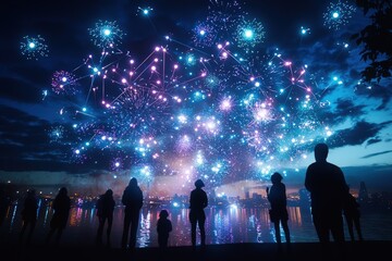 Futuristic Fireworks Display with Drones Illuminating the Night Sky - Modern Tech Innovation
