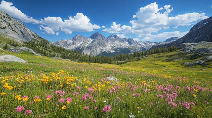 Mountain Meadow with Wildflowers and Snow-capped Peaks