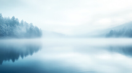 Obraz premium Drifting fog over a still lake at dawn, foggy weather, calm and ethereal